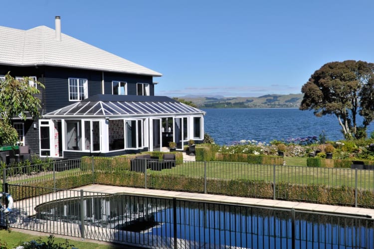 Pool with lake views